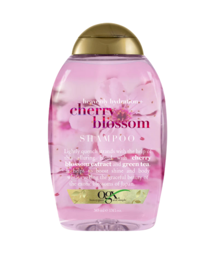 OGX Heavenly Hydration Cherry Blossom Shampoo 385ml bottle with cherry blossom flowers