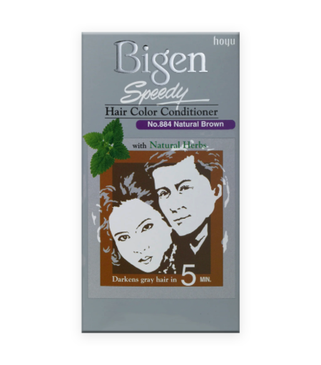 Bigen Speedy Hair Color Conditioner 884 Natural Brown box with applicator and contents