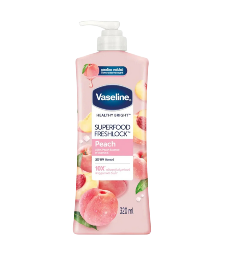 Vaseline Healthy Bright Superfood Fresh Lock Peach Body Lotion 320ml bottle with fresh peach illustration
