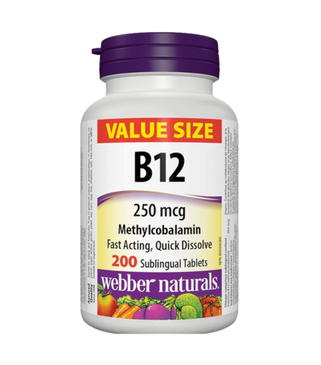 Webber Naturals Vitamin B12 250 mcg Methylcobalamin, 200 Sublingual Tablets
