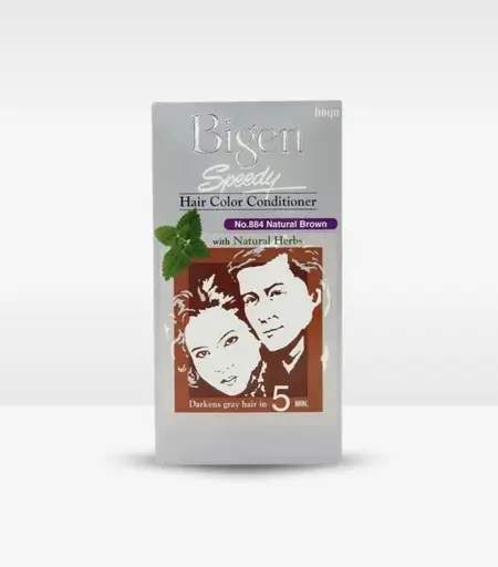 Bigen Speedy Hair Color Conditioner 884 Natural Brown box with applicator and contents