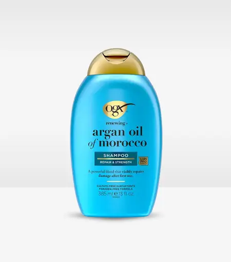 OGX Renewing Moroccan Argan Oil Shampoo 385ml bottle for hair nourishment and repair