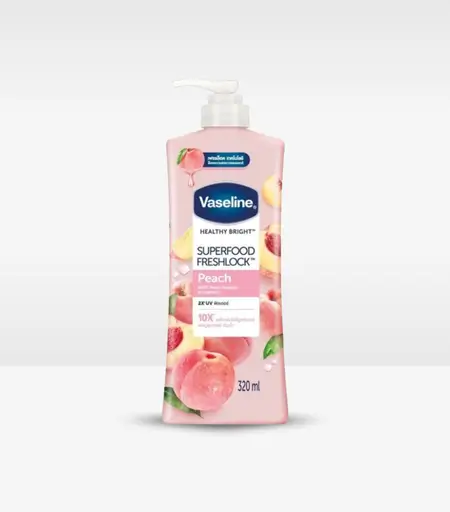 Vaseline Healthy Bright Superfood Fresh Lock Peach Body Lotion 320ml bottle with fresh peach illustration