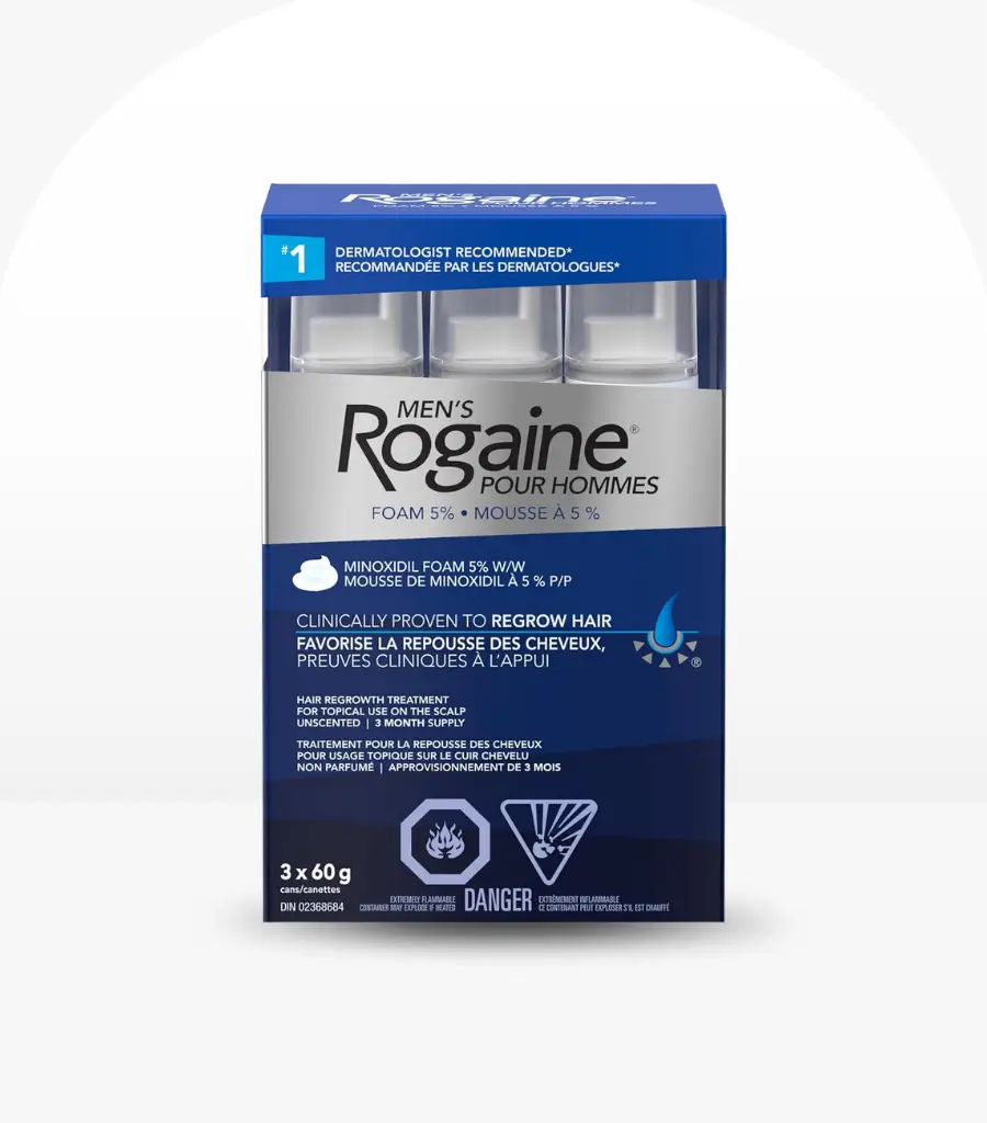 Rogaine Men’s 5% Minoxidil Foam 3x60g pack shot image